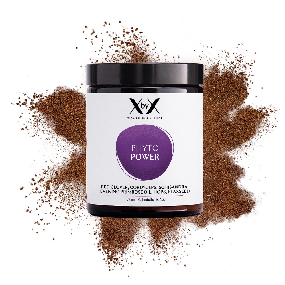 XbyX Phyto Power Menopause Postmenopause powder phytoestrogens nutritional supplement isoflavones with red clover, cordyceps, schisandra, evening primrose oil, hops, flaxseed.